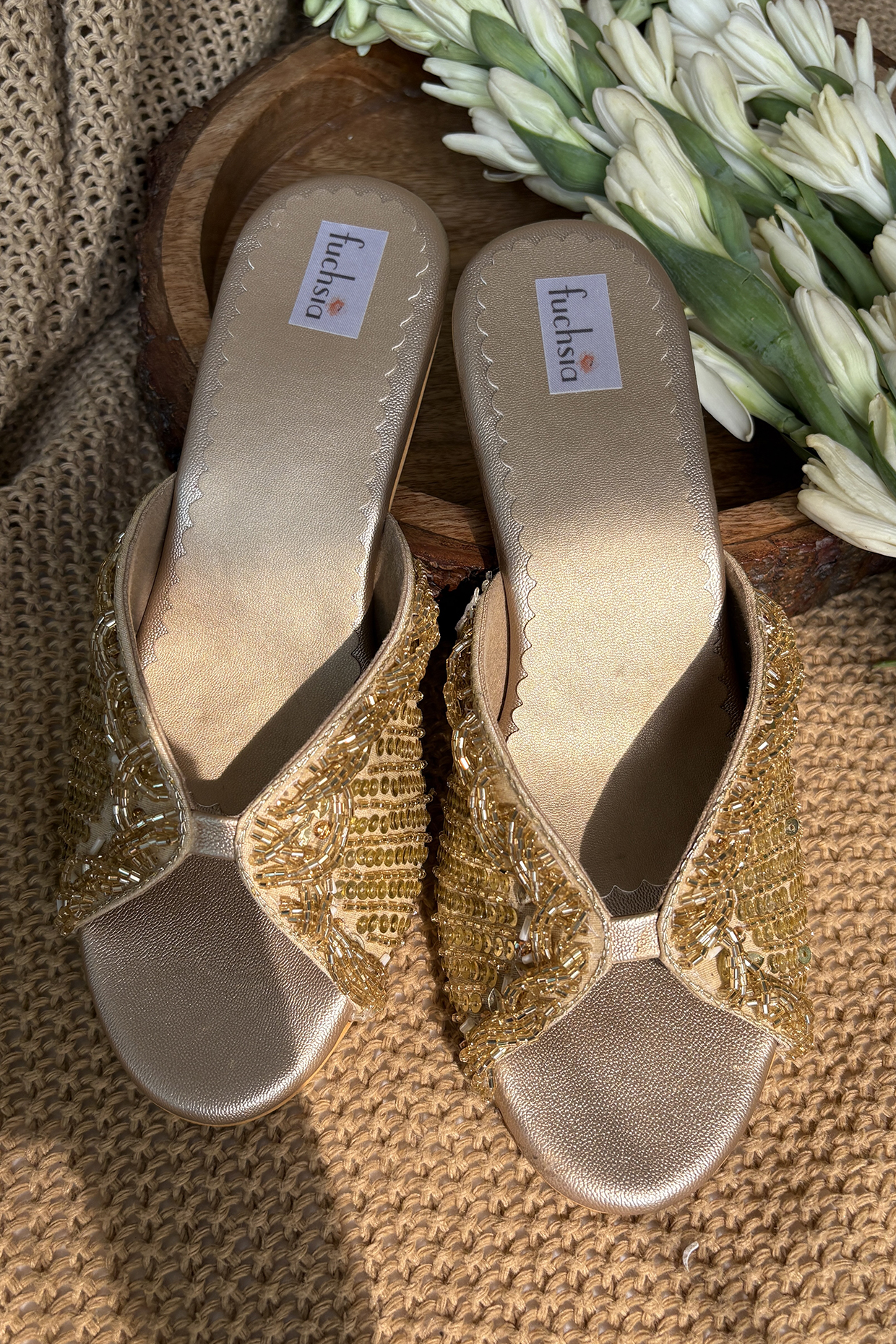 Golden Silk Embellished Wedges by Fuchsia by Aashka Mehta at Pernia's Pop Up Shop