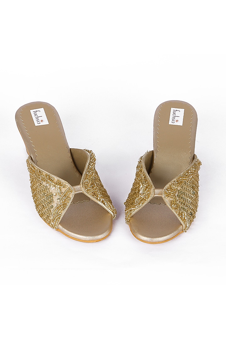 Golden Silk Embellished Wedges by Fuchsia by Aashka Mehta at Pernia's Pop Up Shop