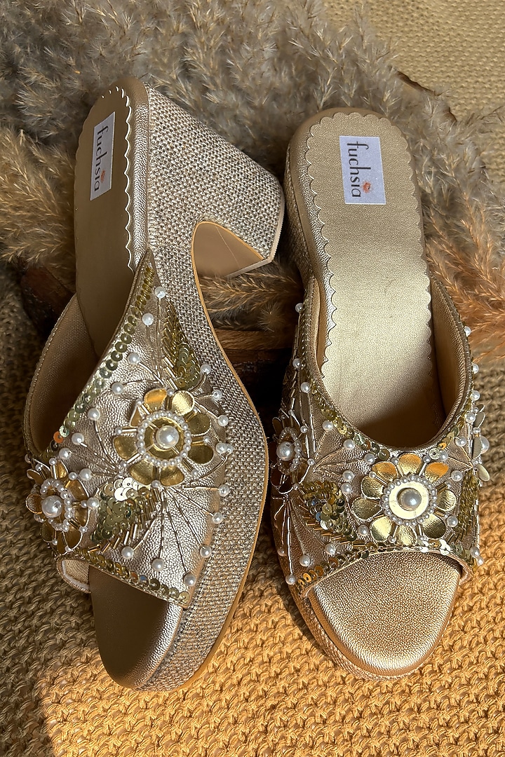 Golden PU Leather Embellished Wedges by Fuchsia by Aashka Mehta at Pernia's Pop Up Shop
