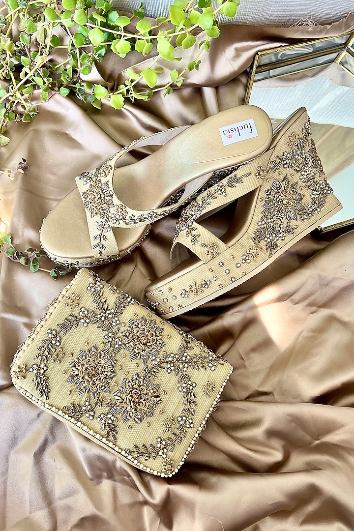 Gold Tissue Embellished Clutch With Sandals by Fuchsia by Aashka Mehta at Pernia's Pop Up Shop