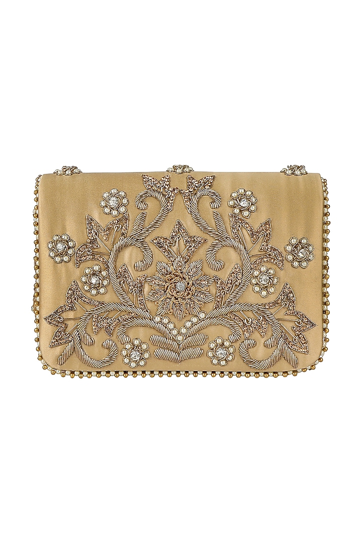 Gold Silk Embellished Clutch With Sandals by Fuchsia by Aashka Mehta at Pernia's Pop Up Shop