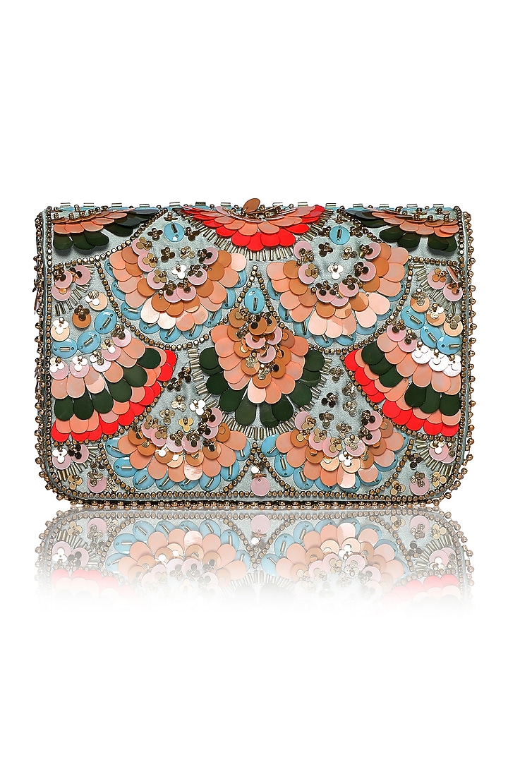 Multi-Colored Satin Embellished Clutch With Sandals by Fuchsia by Aashka Mehta at Pernia's Pop Up Shop