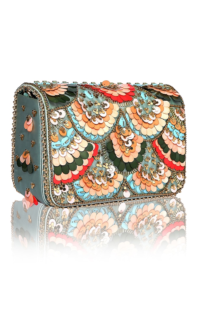 Multi-Colored Satin Embellished Clutch With Sandals by Fuchsia by Aashka Mehta at Pernia's Pop Up Shop