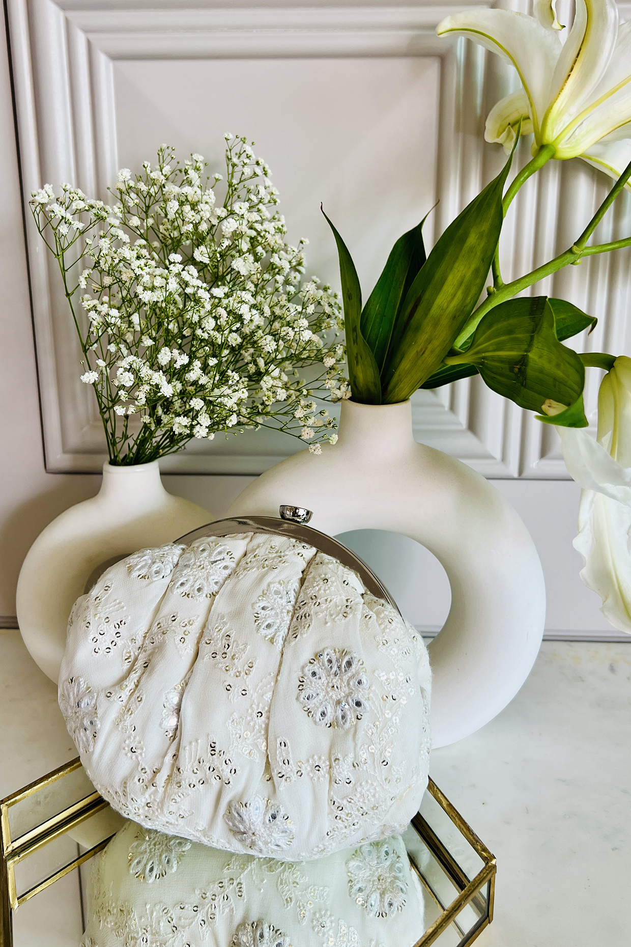 Ivory Georgette Embroidered Clutch by Fuchsia by Aashka Mehta at Pernia's Pop Up Shop