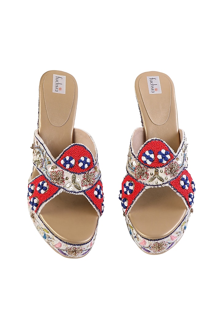 Multi-Colored Velvet Embroidered Wedges by Fuchsia by Aashka Mehta at Pernia's Pop Up Shop