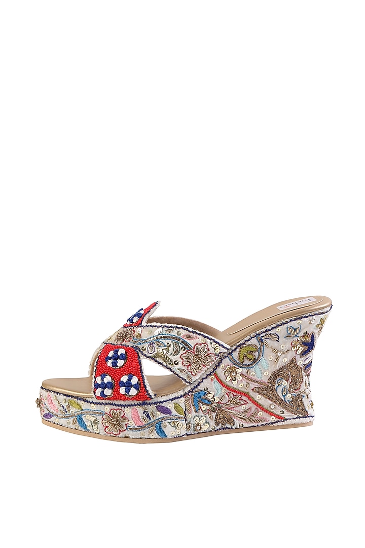Multi-Colored Velvet Embroidered Wedges by Fuchsia by Aashka Mehta at Pernia's Pop Up Shop