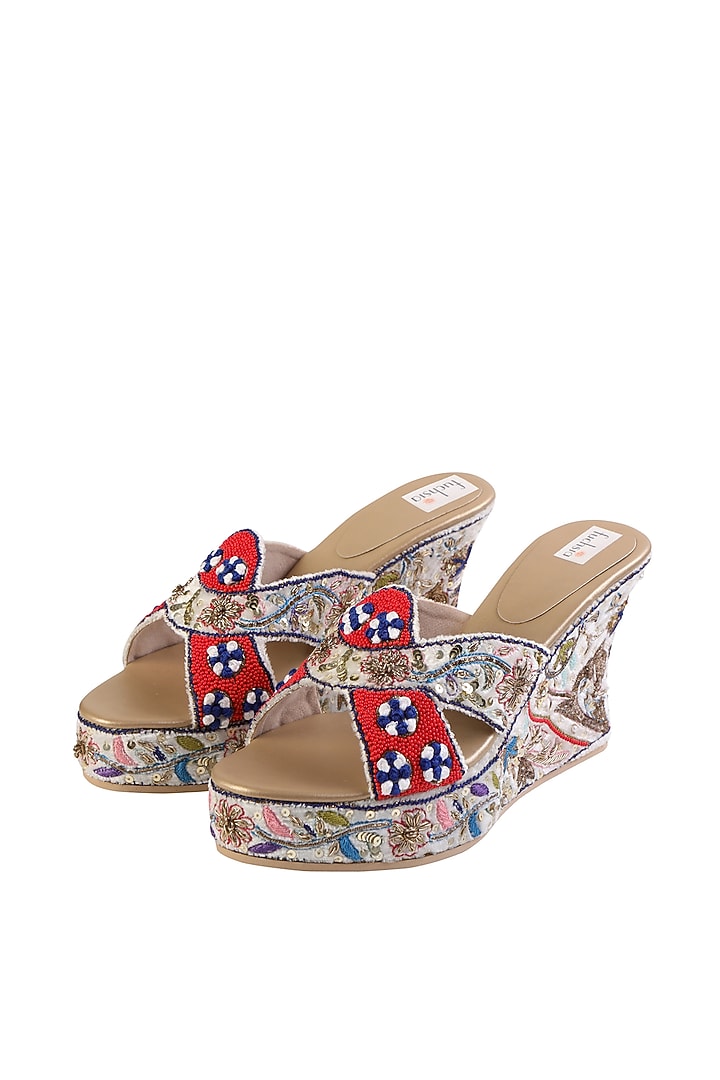 Multi-Colored Velvet Embroidered Wedges by Fuchsia by Aashka Mehta at Pernia's Pop Up Shop