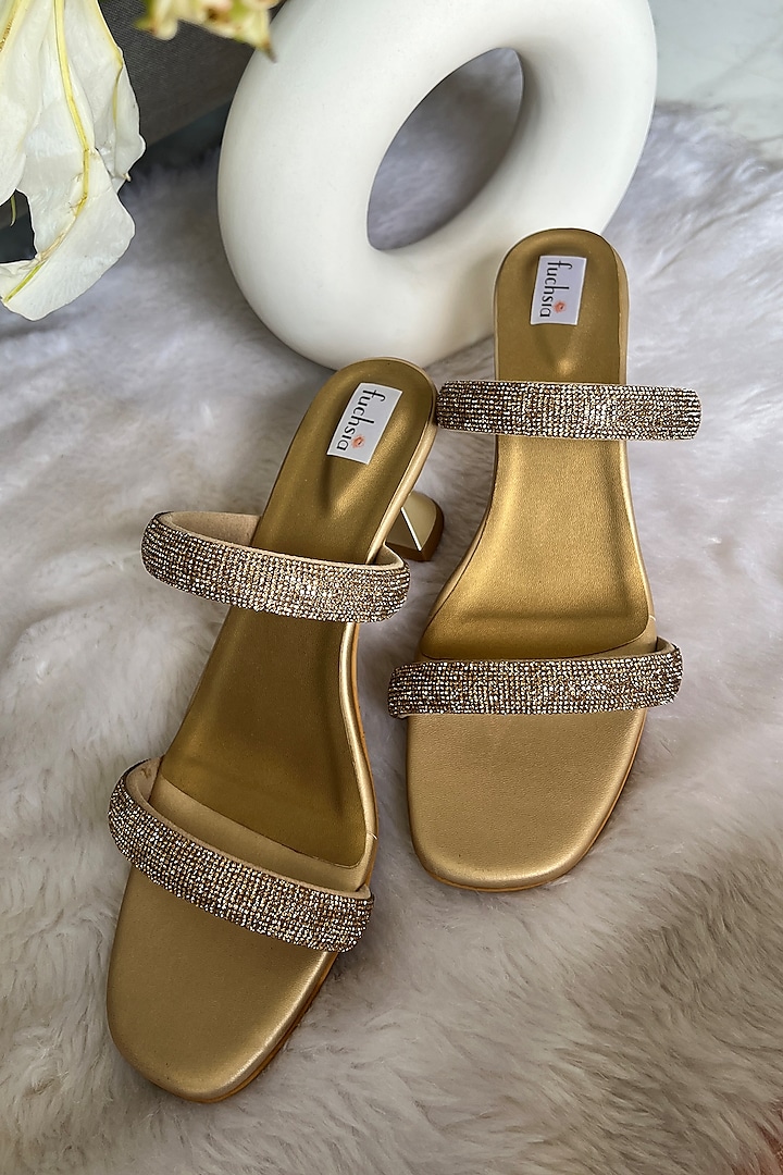 Gold Faux Leather Embellished Heels by Fuchsia by Aashka Mehta at Pernia's Pop Up Shop