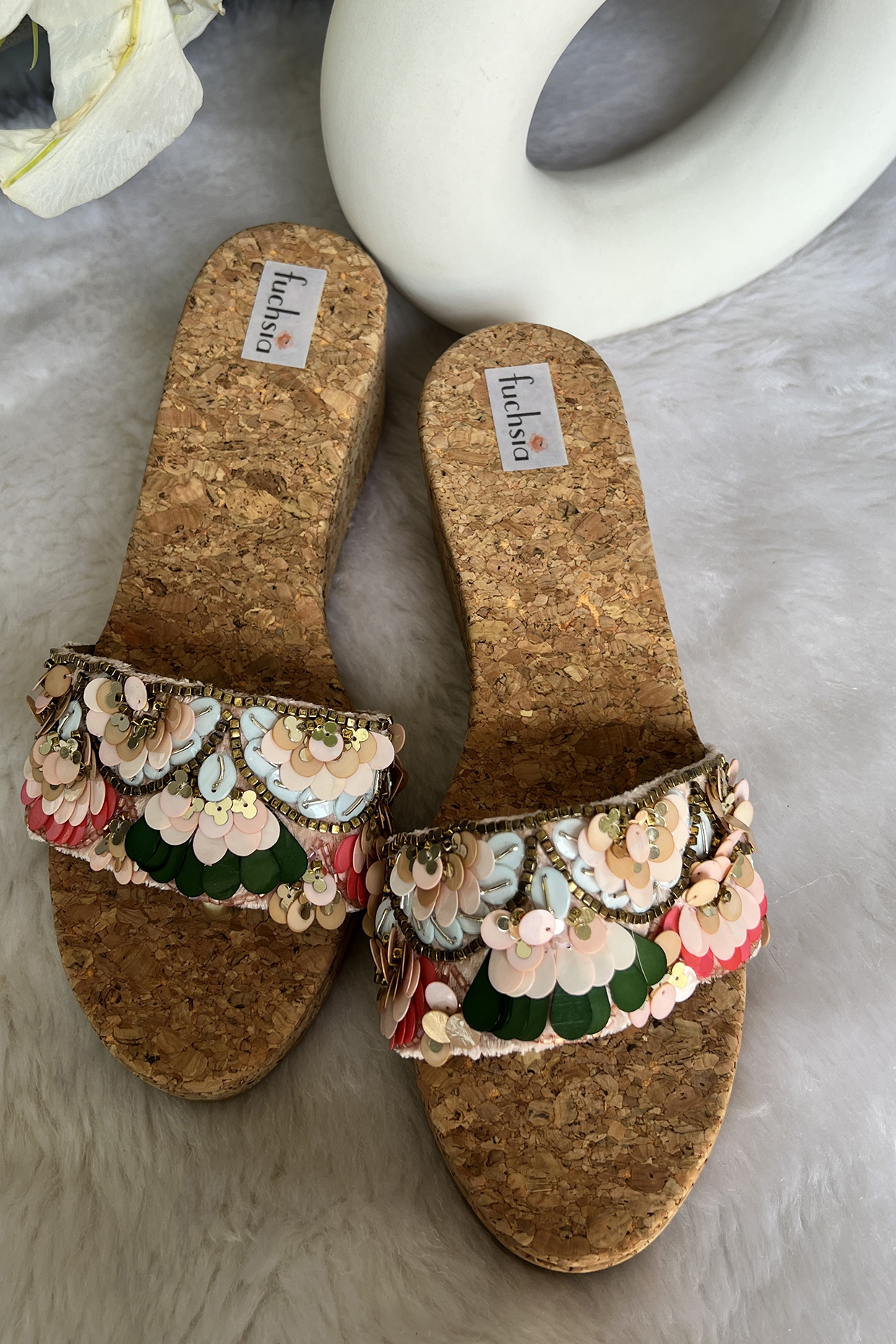 Multi-Colored Satin Embroidered Wedges by Fuchsia by Aashka Mehta at Pernia's Pop Up Shop