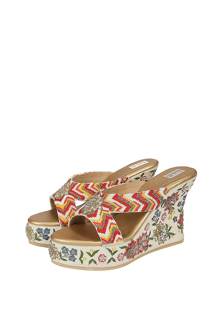 Multi-Colored Embroidered Wedges by Fuchsia by Aashka Mehta