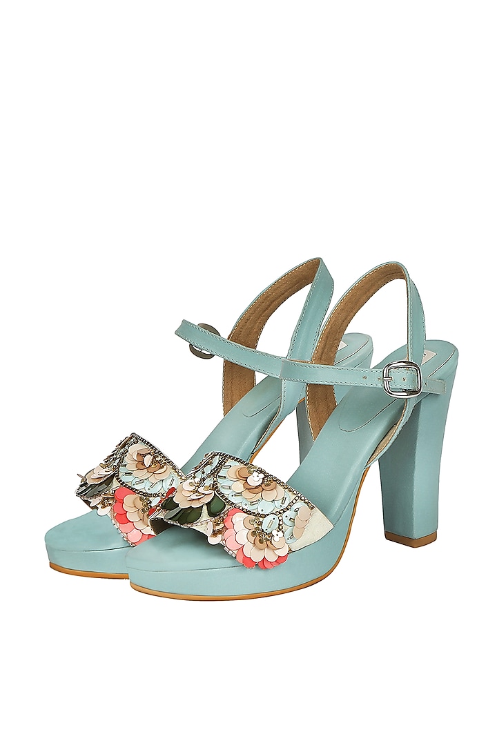 Blue Embroidered Block Heels by Fuchsia by Aashka Mehta