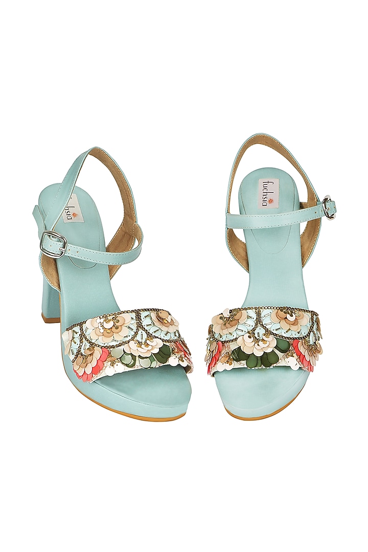 Blue Embroidered Block Heels by Fuchsia by Aashka Mehta at Pernia's Pop Up Shop