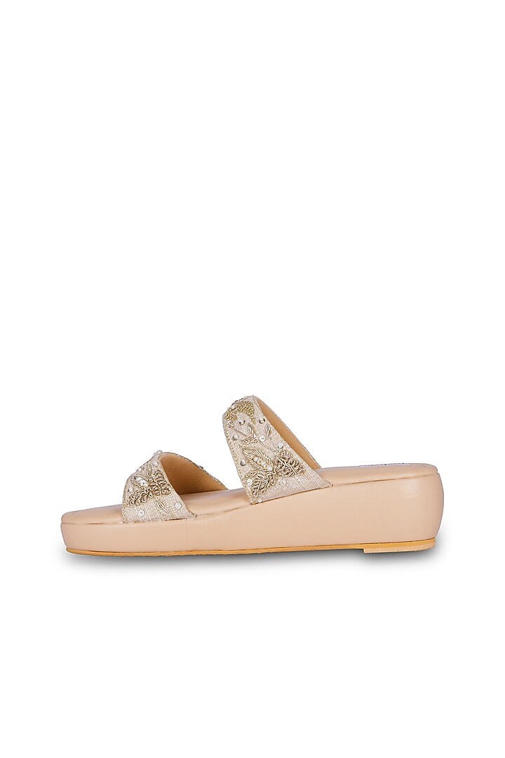 Gold PU Leather Sequins & Zardosi Hand Embroidered Wedges by Fuchsia by Aashka Mehta at Pernia's Pop Up Shop
