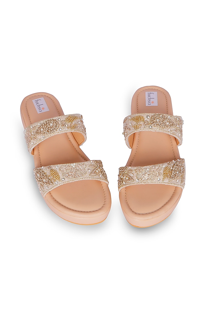 Gold PU Leather Sequins & Zardosi Hand Embroidered Wedges by Fuchsia by Aashka Mehta at Pernia's Pop Up Shop