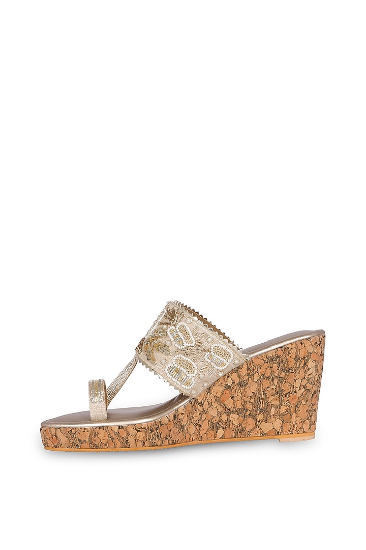 Gold PU Leather Sequins & Zardosi Hand Embroidered Kolhapuri Wedges by Fuchsia by Aashka Mehta at Pernia's Pop Up Shop