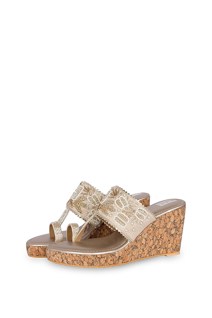 Gold PU Leather Sequins & Zardosi Hand Embroidered Kolhapuri Wedges by Fuchsia by Aashka Mehta at Pernia's Pop Up Shop
