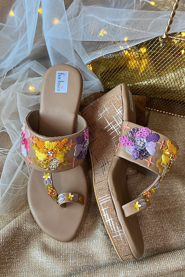 Brown PU Leather Resham & Sequins Hand Embroidered Kolhapuri Heels by Fuchsia by Aashka Mehta at Pernia's Pop Up Shop