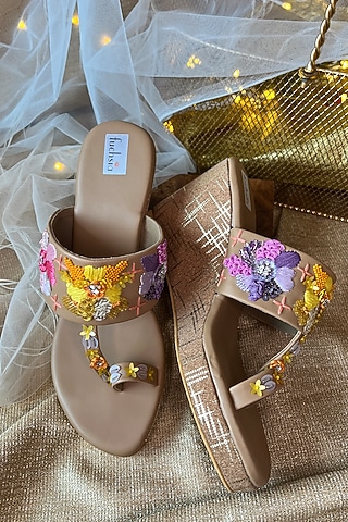 Brown PU Leather Resham & Sequins Hand Embroidered Kolhapuri Heels by Fuchsia by Aashka Mehta
