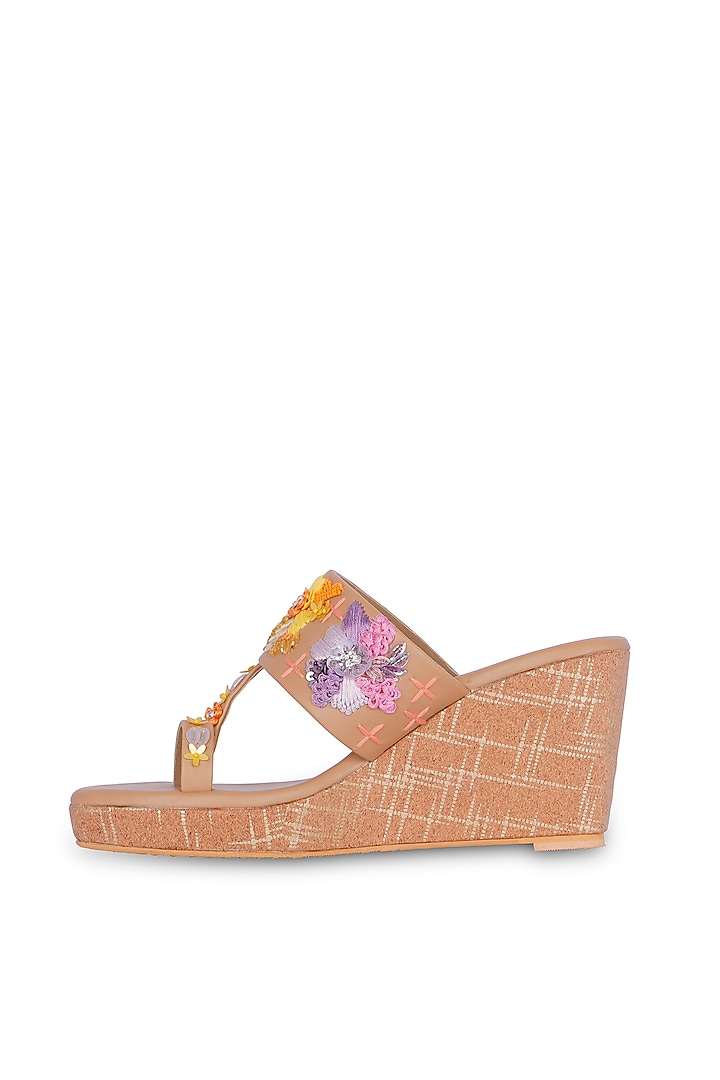 Brown PU Leather Resham & Sequins Hand Embroidered Kolhapuri Heels by Fuchsia by Aashka Mehta at Pernia's Pop Up Shop