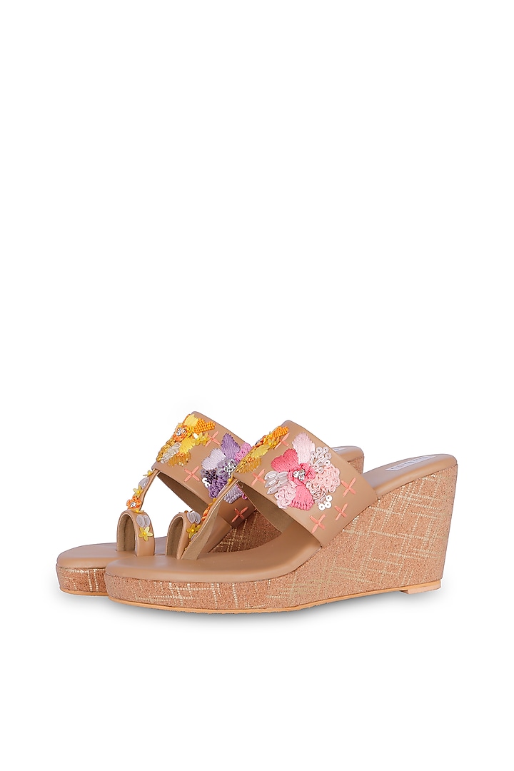 Brown PU Leather Resham & Sequins Hand Embroidered Kolhapuri Heels by Fuchsia by Aashka Mehta at Pernia's Pop Up Shop