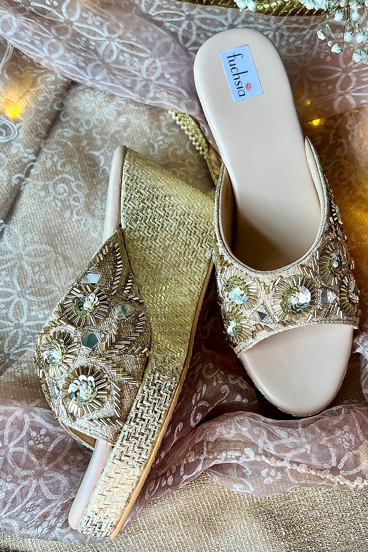 Gold PU Leather Kasab & Mirror Hand Embroidered Heels by Fuchsia by Aashka Mehta at Pernia's Pop Up Shop