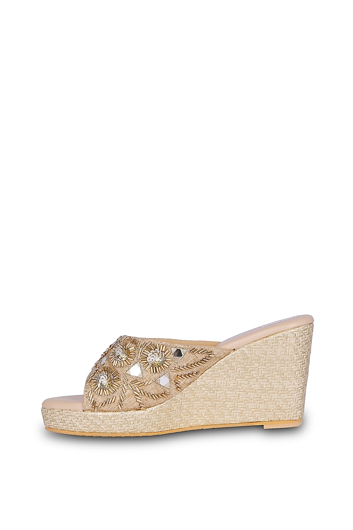 Gold PU Leather Kasab & Mirror Hand Embroidered Heels by Fuchsia by Aashka Mehta at Pernia's Pop Up Shop
