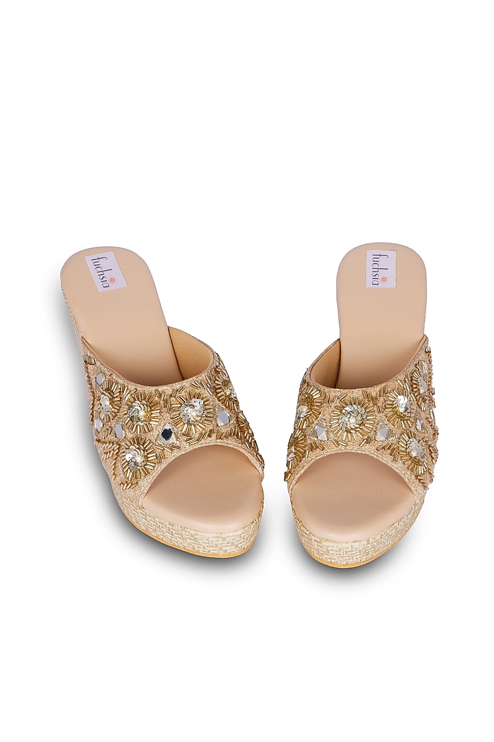Gold PU Leather Kasab & Mirror Hand Embroidered Heels by Fuchsia by Aashka Mehta at Pernia's Pop Up Shop