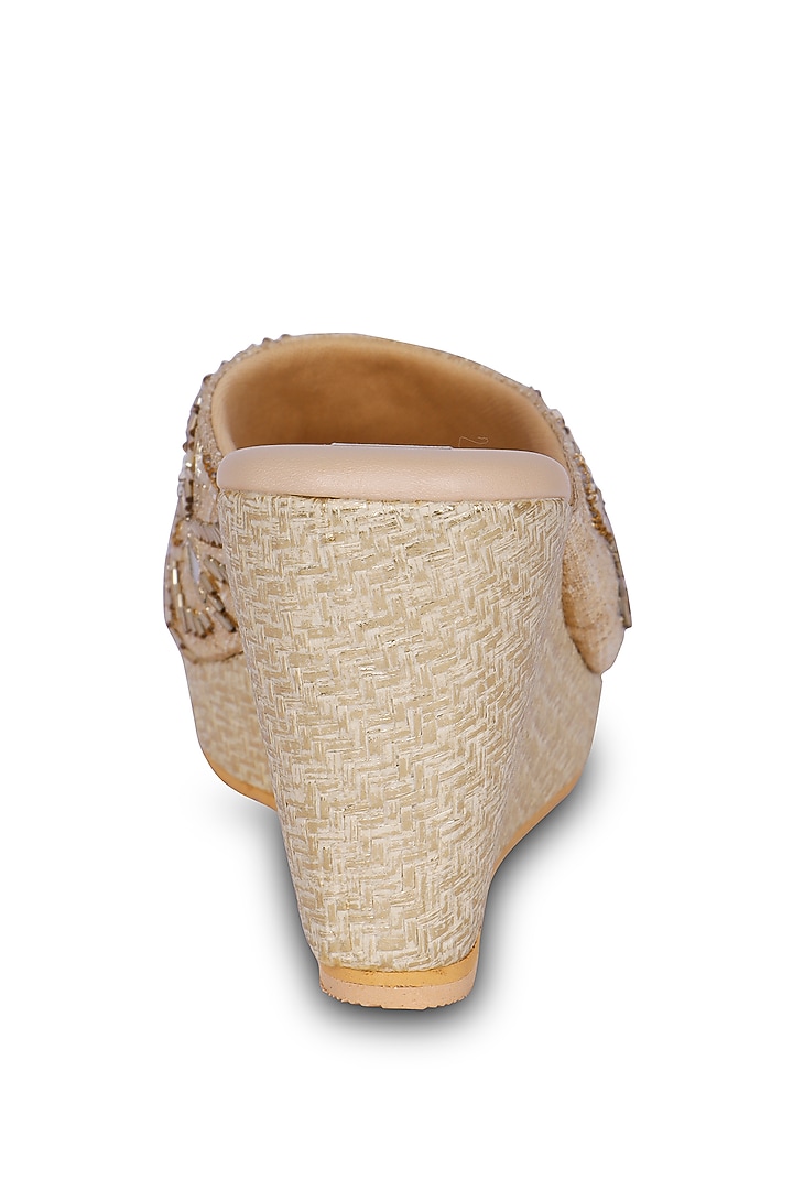 Gold PU Leather Kasab & Mirror Hand Embroidered Heels by Fuchsia by Aashka Mehta at Pernia's Pop Up Shop