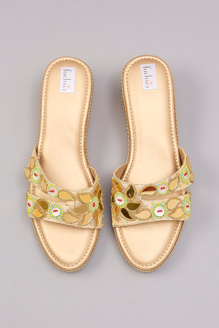 Gold PU Leather Mirror Hand Embroidered Heels by Fuchsia by Aashka Mehta at Pernia's Pop Up Shop