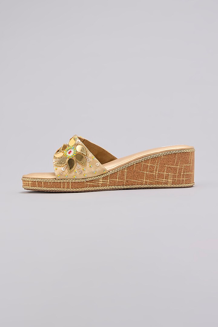 Gold PU Leather Mirror Hand Embroidered Heels by Fuchsia by Aashka Mehta at Pernia's Pop Up Shop
