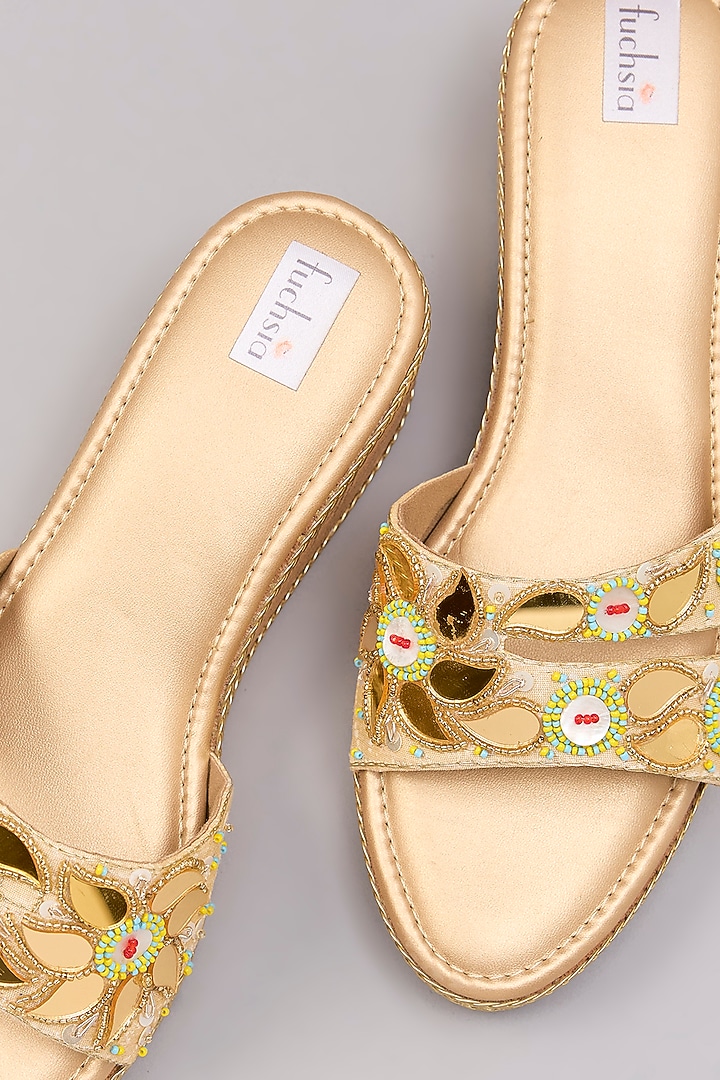 Gold PU Leather Mirror Hand Embroidered Heels by Fuchsia by Aashka Mehta at Pernia's Pop Up Shop
