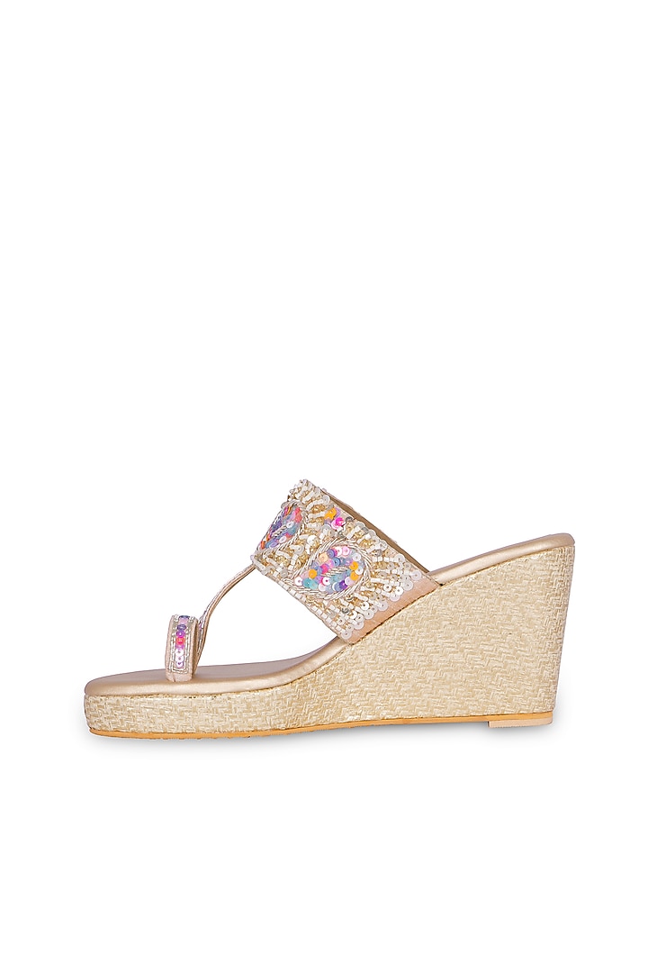 Gold PU Leather Bead & Pearl Hand Embellished Kolhapuri Heels by Fuchsia by Aashka Mehta at Pernia's Pop Up Shop