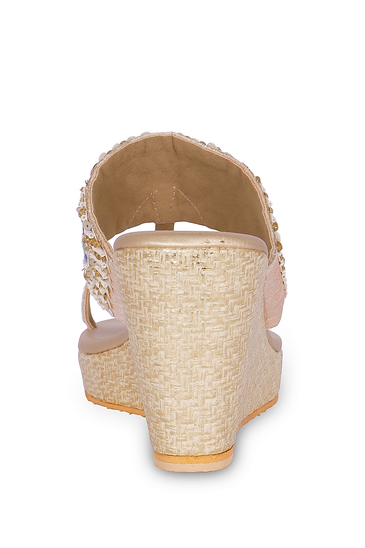 Gold PU Leather Bead & Pearl Hand Embellished Kolhapuri Heels by Fuchsia by Aashka Mehta at Pernia's Pop Up Shop
