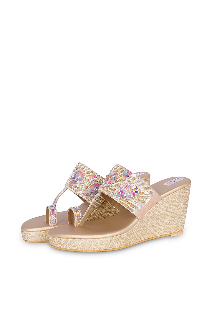 Gold PU Leather Bead & Pearl Hand Embellished Kolhapuri Heels by Fuchsia by Aashka Mehta at Pernia's Pop Up Shop