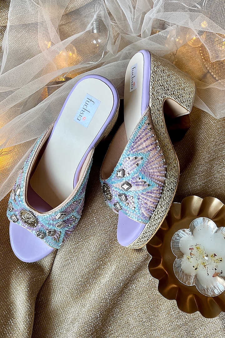 Purple PU Leather Bead Hand Embellished Heels by Fuchsia by Aashka Mehta at Pernia's Pop Up Shop