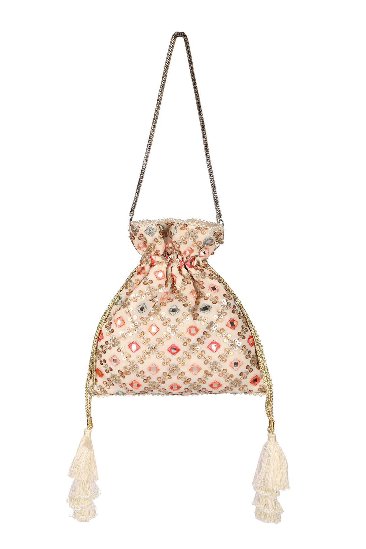 White Embroidered Potli by Fuchsia by Aashka Mehta