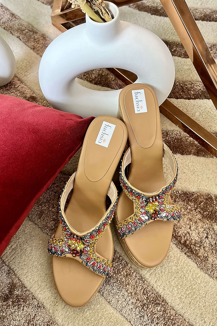 Multi-Colored Textile Embroidered Wedges by Fuchsia by Aashka Mehta at Pernia's Pop Up Shop