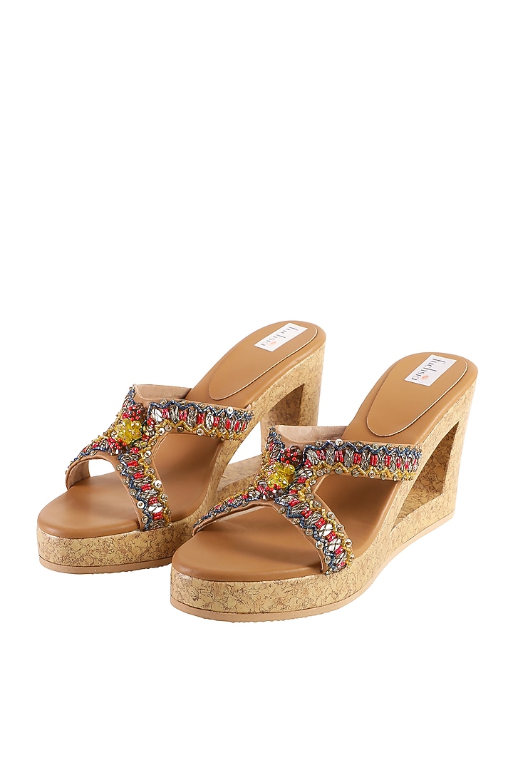 Multi-Colored Textile Embroidered Wedges by Fuchsia by Aashka Mehta at Pernia's Pop Up Shop