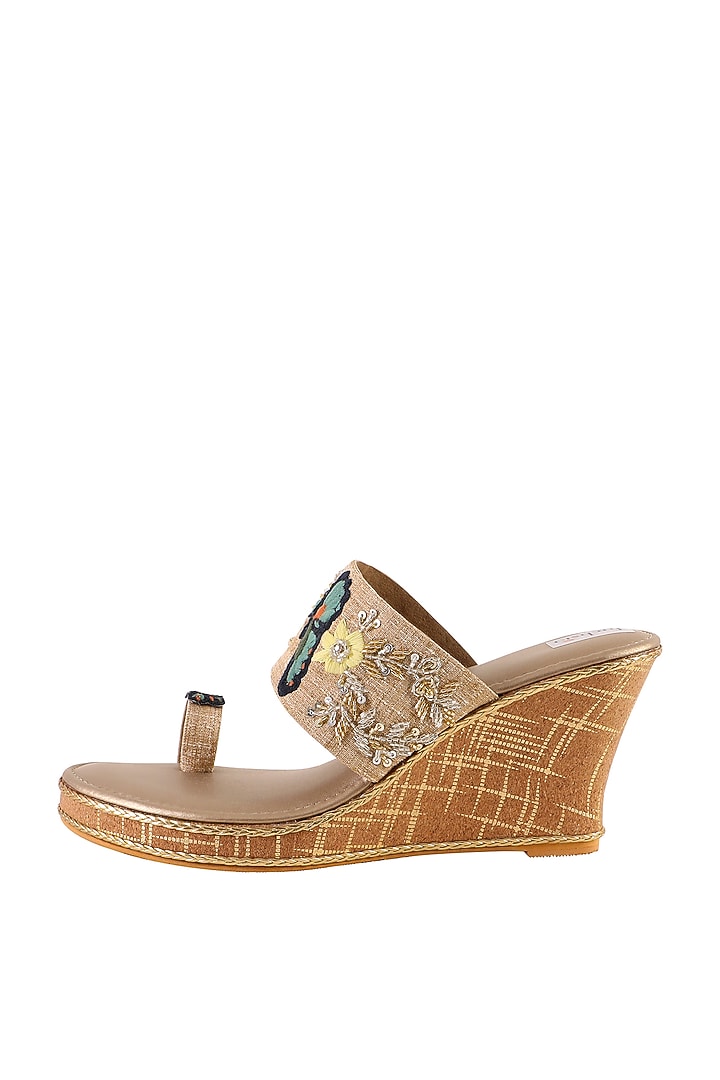 Gold Textile Hand Embroidered Wedges by Fuchsia by Aashka Mehta at Pernia's Pop Up Shop