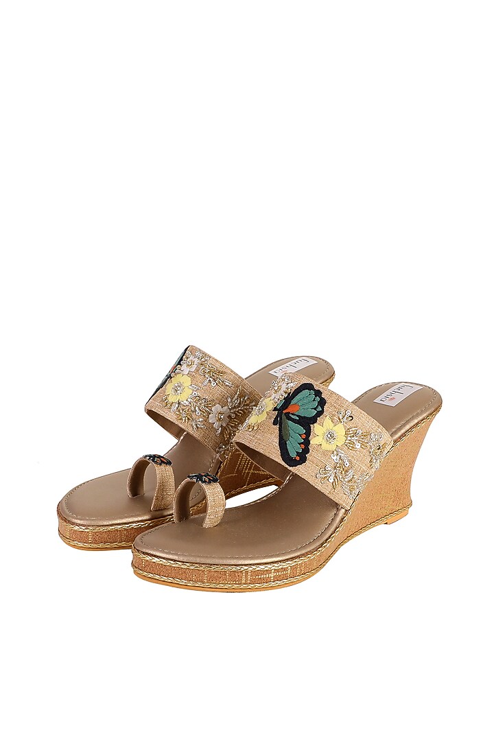 Gold Textile Hand Embroidered Wedges by Fuchsia by Aashka Mehta at Pernia's Pop Up Shop