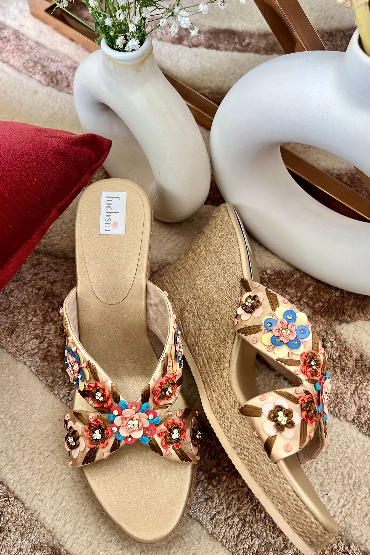 Multi-Colored Textile Hand Embroidered Wedges by Fuchsia by Aashka Mehta at Pernia's Pop Up Shop
