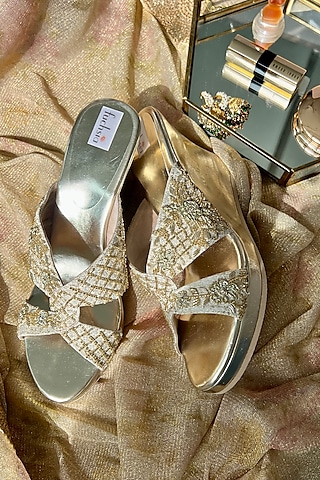 Gold Textile Hand Embroidered Wedges by Fuchsia by Aashka Mehta