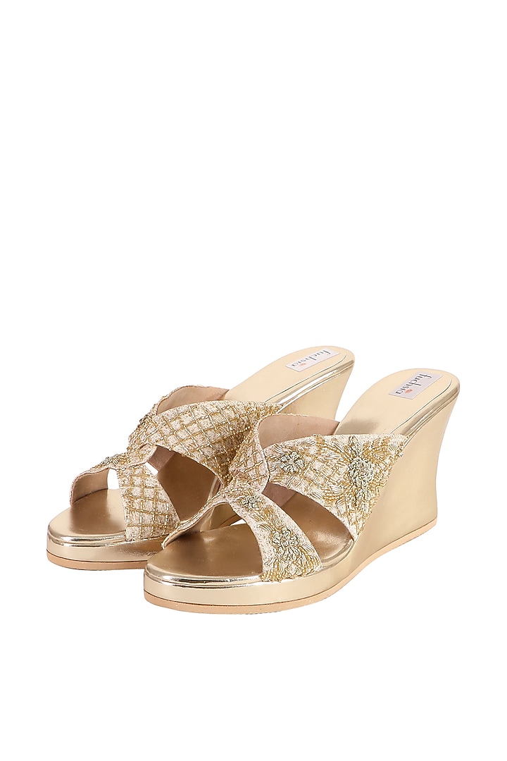 Gold Textile Hand Embroidered Wedges by Fuchsia by Aashka Mehta at Pernia's Pop Up Shop