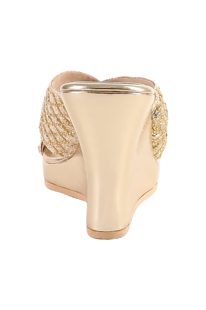 Gold Textile Hand Embroidered Wedges by Fuchsia by Aashka Mehta at Pernia's Pop Up Shop