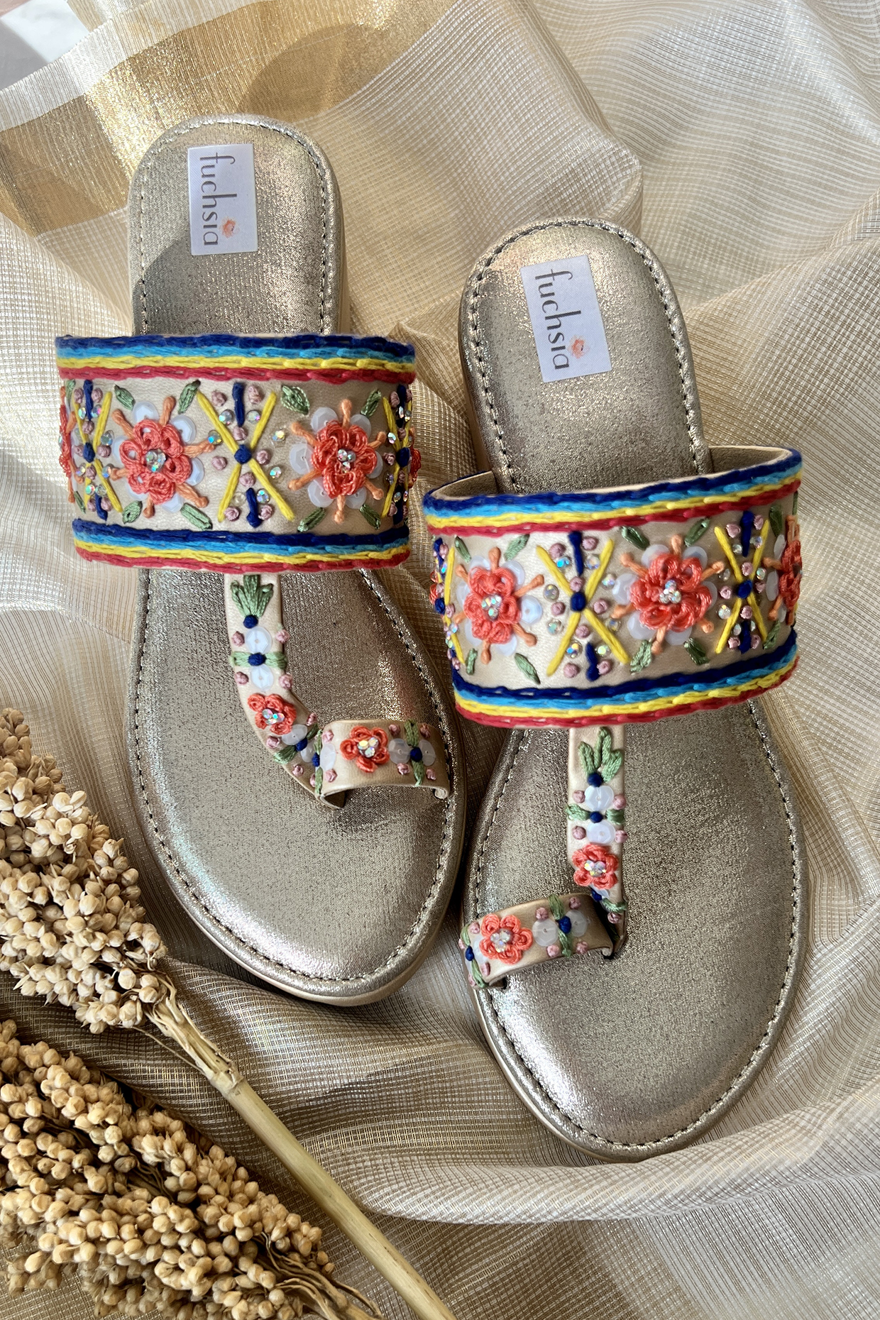 Multi-Colored Textile Hand Embroidered Wedges by Fuchsia by Aashka Mehta at Pernia's Pop Up Shop