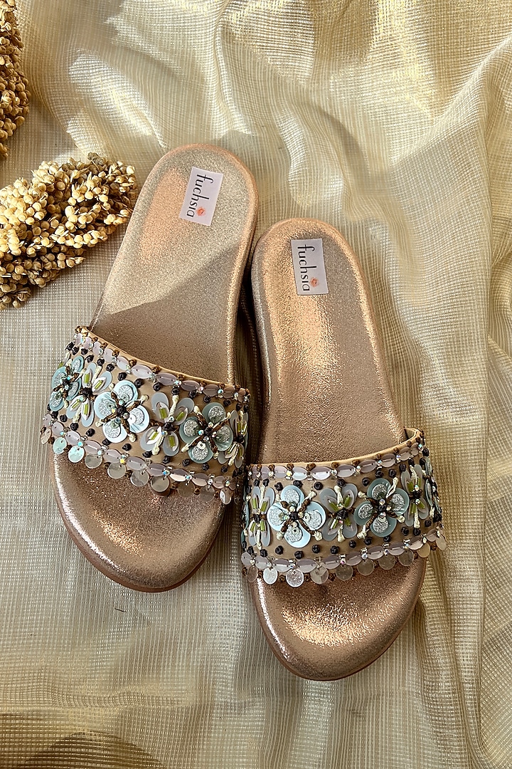Rose Gold PU & Vegan Leather Embroidered Flats by Fuchsia by Aashka Mehta