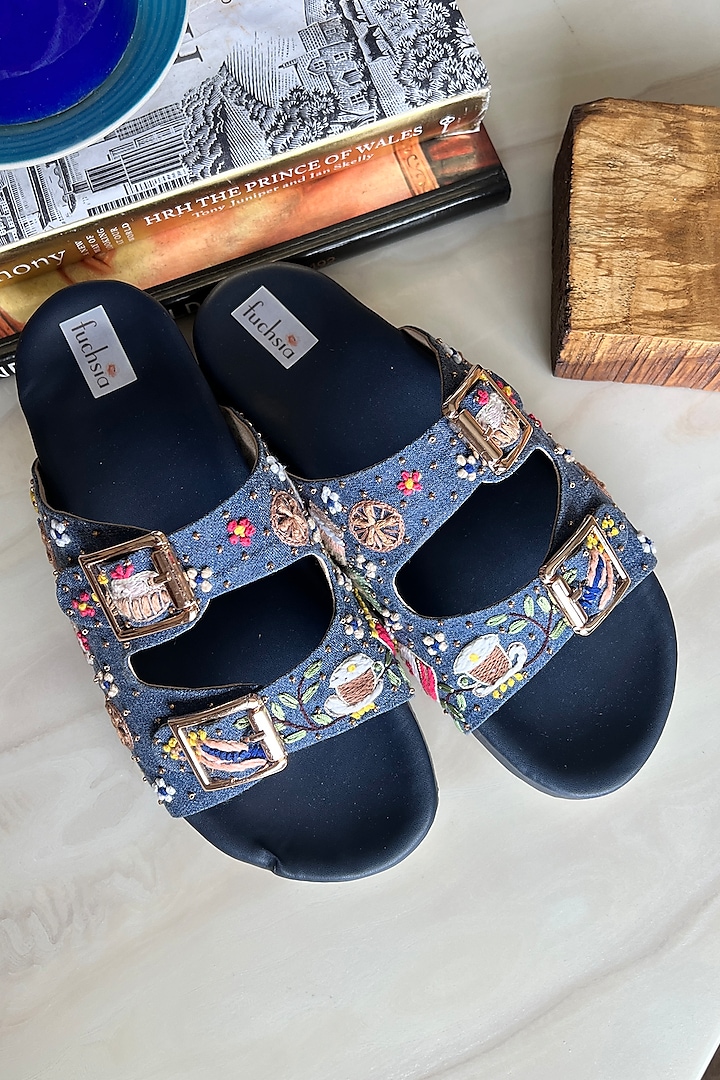 Navy Blue PU & Denim Hand Embroidered Flats by Fuchsia by Aashka Mehta