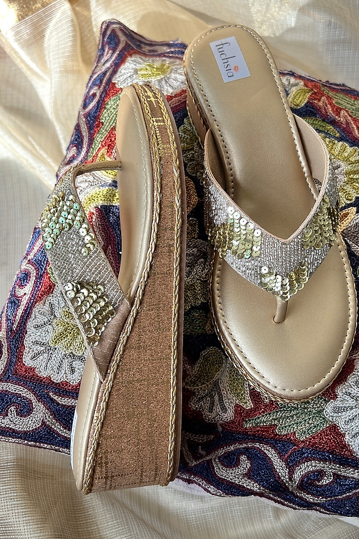 Gold Vegan PU Embroidered Wedges by Fuchsia by Aashka Mehta