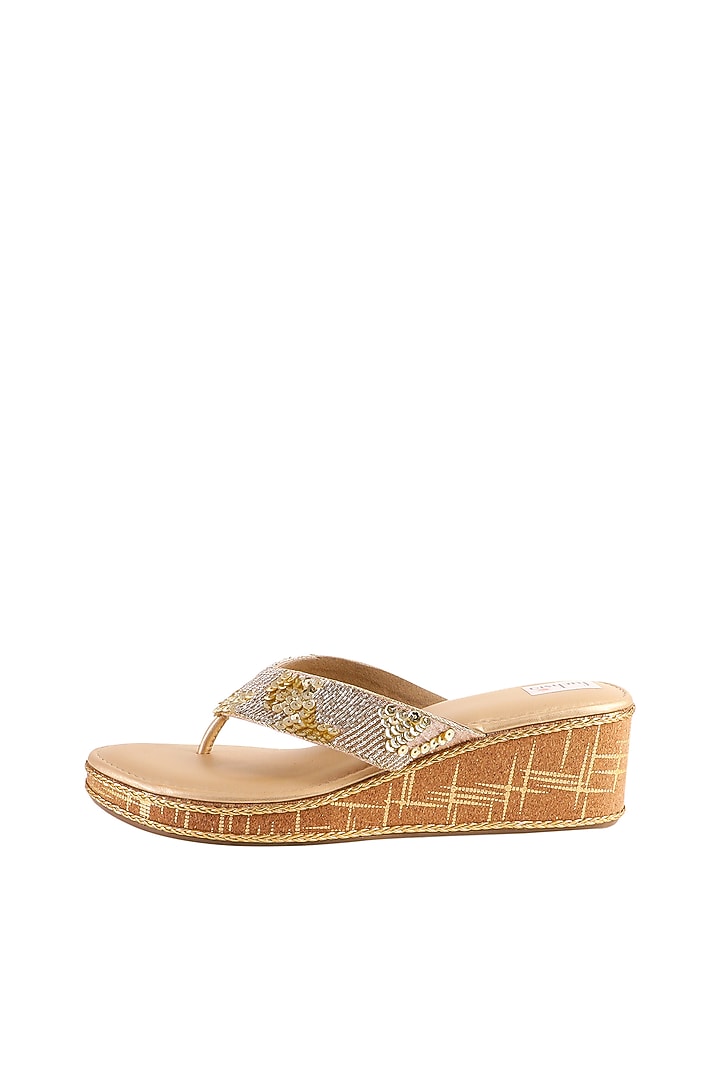 Gold Vegan PU Embroidered Wedges by Fuchsia by Aashka Mehta at Pernia's Pop Up Shop