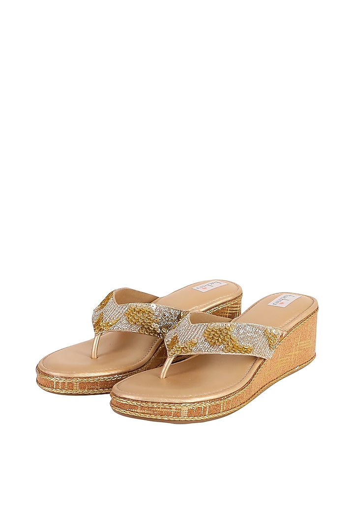 Gold Vegan PU Embroidered Wedges by Fuchsia by Aashka Mehta at Pernia's Pop Up Shop